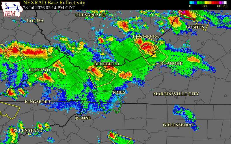 NEXRAD radar during the Tuesday, July 28, 2026 storm activity in Wythe County, Virginia