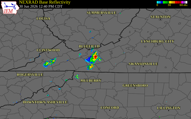 Radar snapshot during the Jun 30, 2026 tornado event near 3 E Wytheville, Wythe County, Virginia, with NWS warning polygons