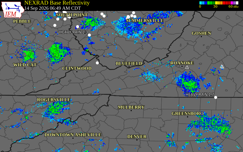 Current NEXRAD radar over Wythe County, Virginia with recent storm report locations