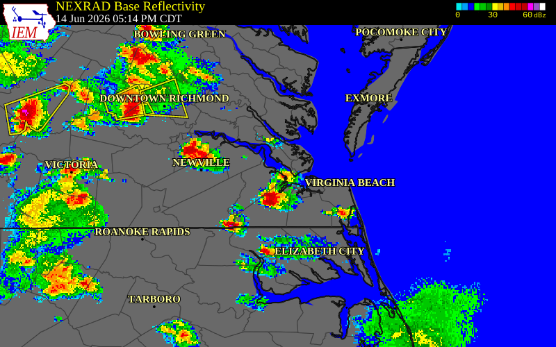 NEXRAD radar during the Sunday, June 14, 2026 storm activity in York County, Virginia