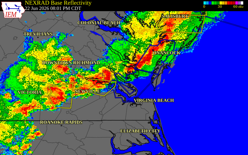 NEXRAD radar during the Monday, June 22, 2026 storm activity in York County, Virginia
