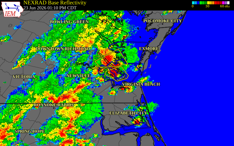 NEXRAD radar during the Tuesday, June 23, 2026 storm activity in York County, Virginia