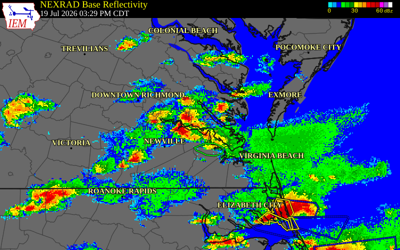 NEXRAD radar during the Sunday, July 19, 2026 storm activity in York County, Virginia