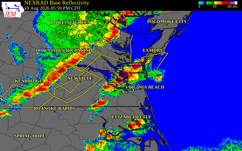 NEXRAD radar during the Monday, August 10, 2026 storm activity in York County, Virginia