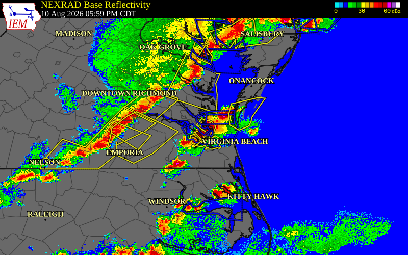 Radar snapshot during the Aug 10, 2026 hail event near 2 WSW Poquoson, York County, Virginia, with NWS warning polygons