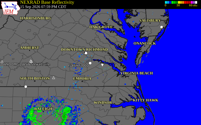 Current NEXRAD radar over York County, Virginia with recent storm report locations
