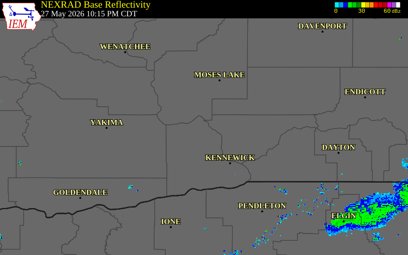 NEXRAD radar during the Wednesday, May 27, 2026 storm activity in Benton County, Washington