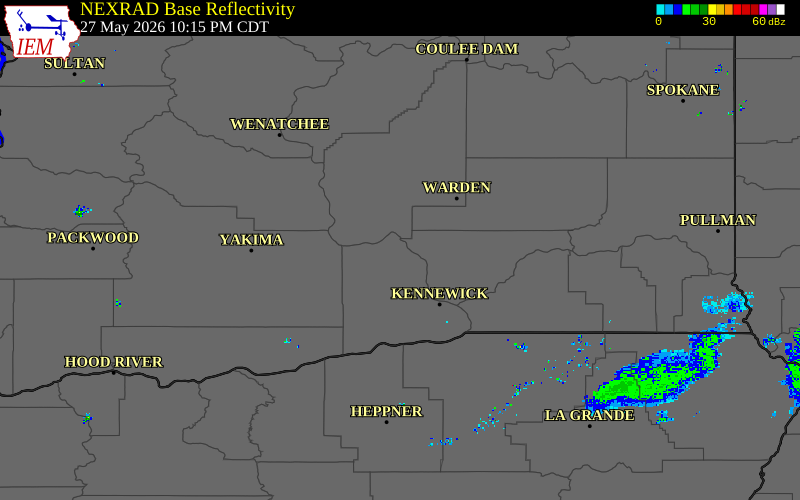 Radar snapshot during the May 27, 2026 wind event near 19 N West Richland, Benton County, Washington, with NWS warning polygons
