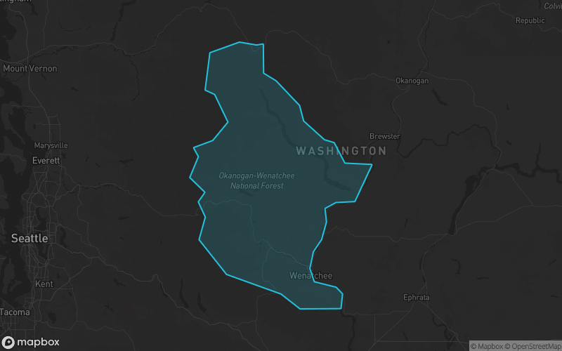 Map of Chelan County, Washington showing the county boundary and surrounding cities
