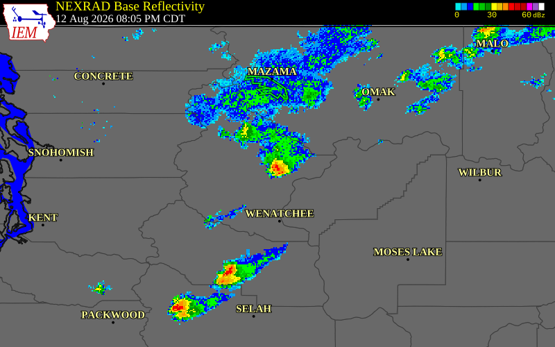 NEXRAD radar during the Wednesday, August 12, 2026 storm activity in Chelan County, Washington