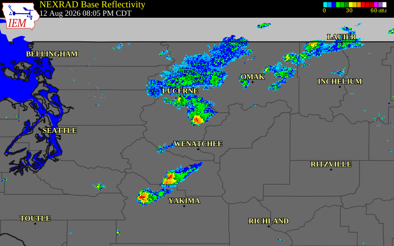 Radar snapshot during the Aug 12, 2026 hail event near Chelan County, Chelan County, Washington, with NWS warning polygons