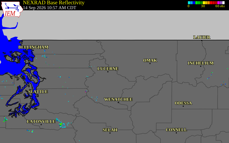 Current NEXRAD radar over Chelan County, Washington with recent storm report locations