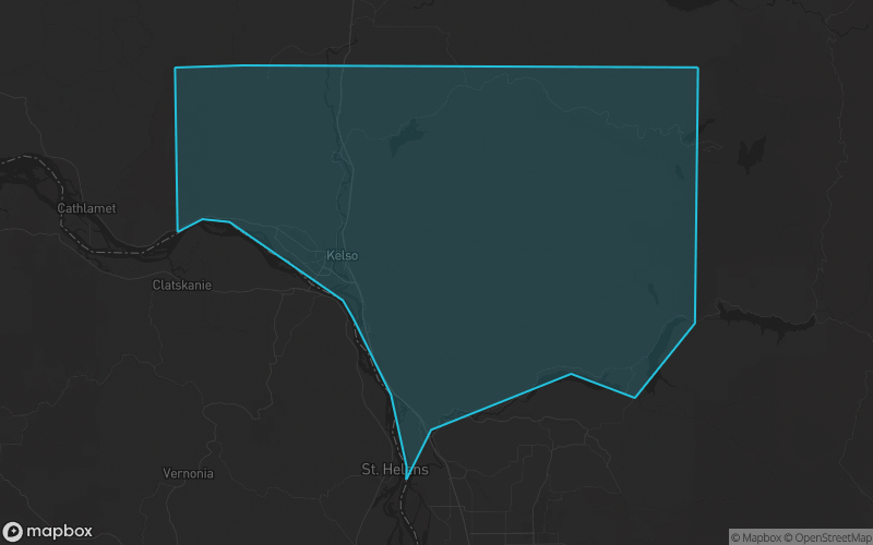 Map of Cowlitz County, Washington showing the county boundary and surrounding cities