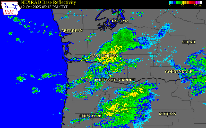 Radar snapshot during the Oct 12, 2025 wind event near 1 SSW Longview, Cowlitz County, Washington, with NWS warning polygons
