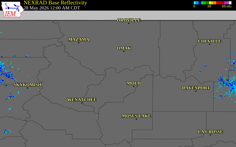 NEXRAD radar during the Wednesday, May 27, 2026 storm activity in Douglas County, Washington