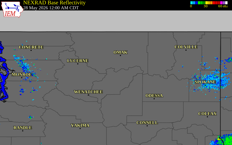 Radar snapshot during the May 27, 2026 wind event near 2 ESE Bridgeport, Douglas County, Washington, with NWS warning polygons