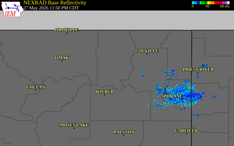 NEXRAD radar during the Wednesday, May 27, 2026 storm activity in Ferry County, Washington
