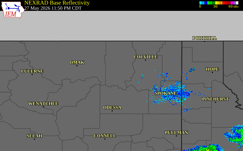 Radar snapshot during the May 27, 2026 wind event near 12 NE Keller, Ferry County, Washington, with NWS warning polygons