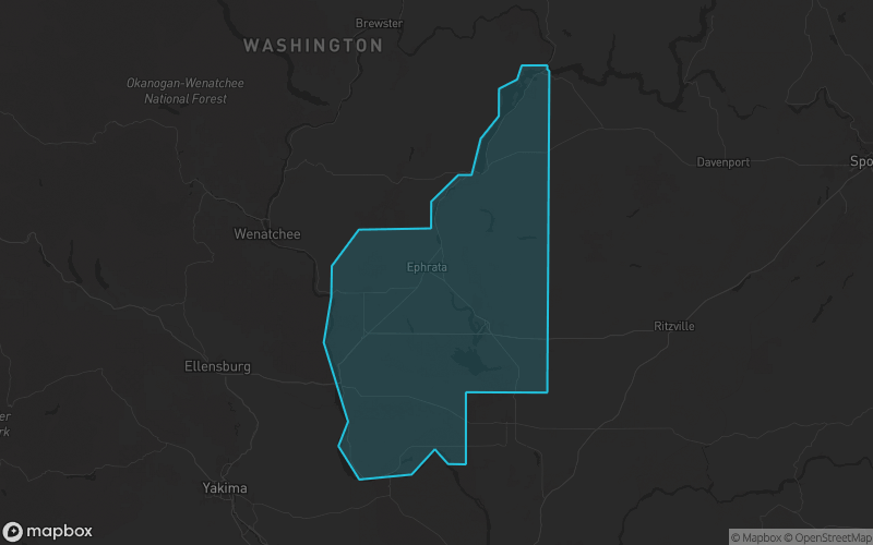 Map of Grant County, Washington showing the county boundary and surrounding cities