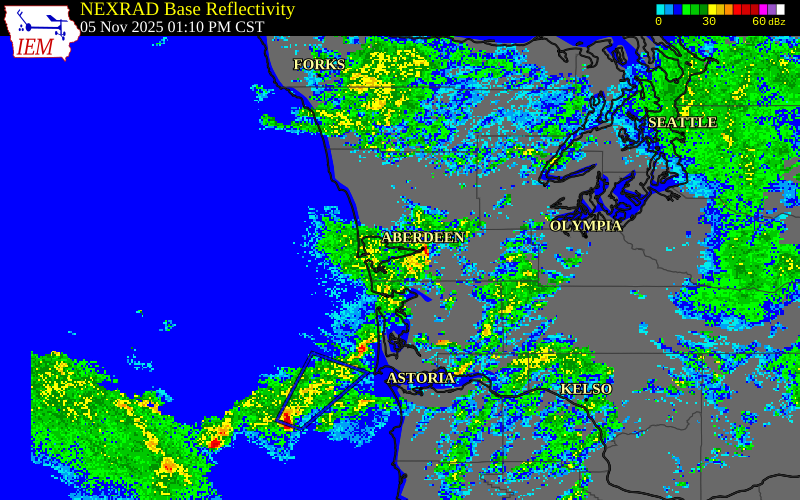 NEXRAD radar during the Wednesday, November 5, 2025 storm activity in Grays Harbor County, Washington