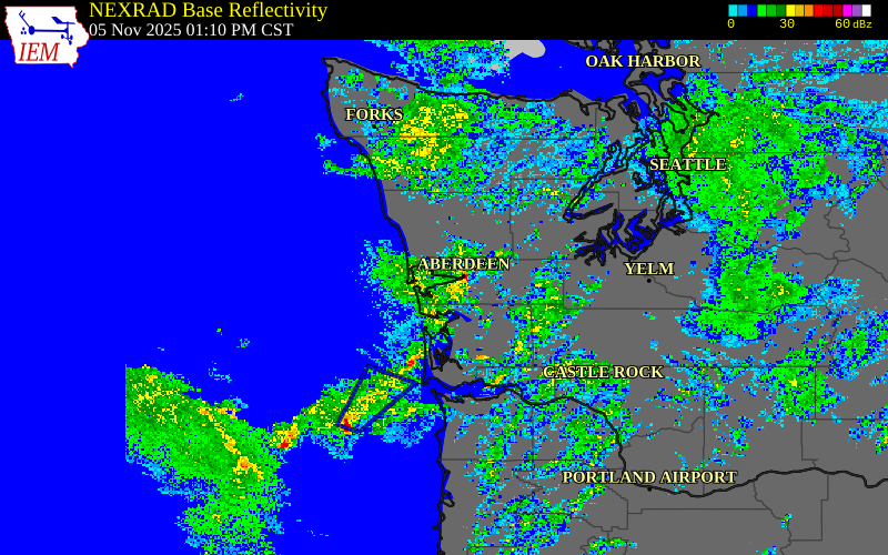 Radar snapshot during the Nov 5, 2025 wind event near 2 WSW Hoquiam, Grays Harbor County, Washington, with NWS warning polygons