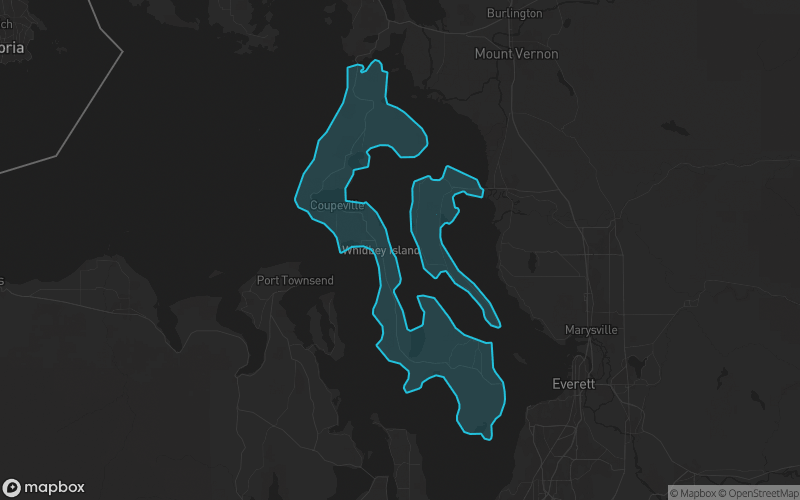 Map of Island County, Washington showing the county boundary and surrounding cities