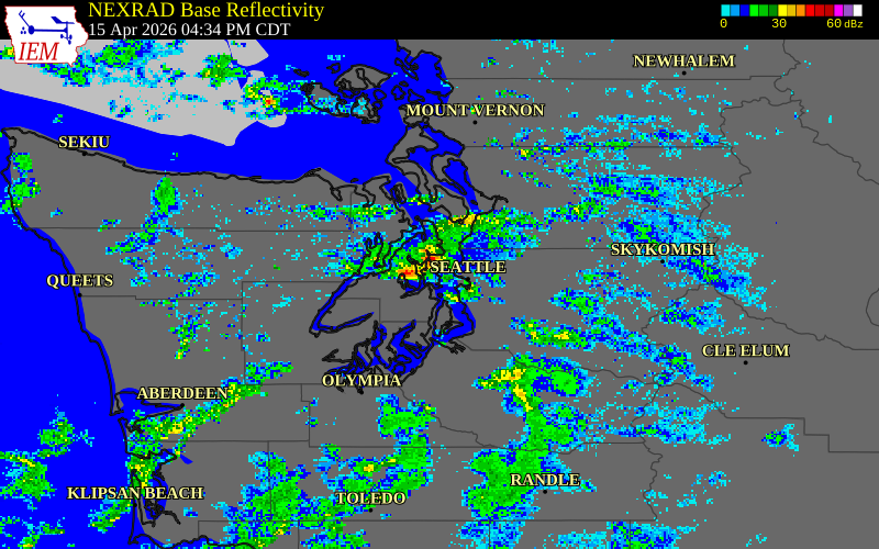 NEXRAD radar during the Wednesday, April 15, 2026 storm activity in Kitsap County, Washington