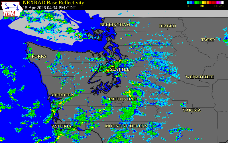 Radar snapshot during the Apr 15, 2026 hail event near Kitsap County, Kitsap County, Washington, with NWS warning polygons