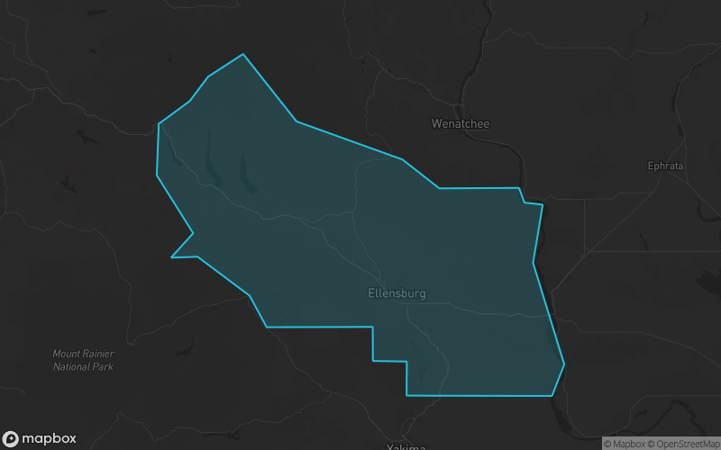 Map of Kittitas County, Washington showing the county boundary and surrounding cities