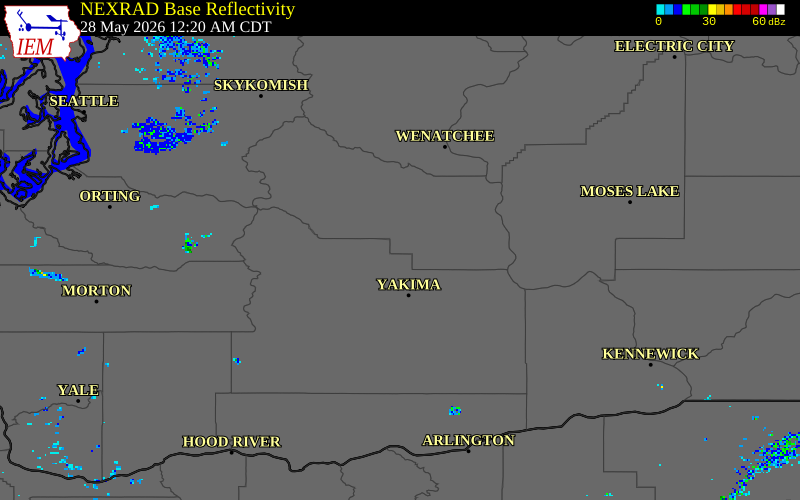 NEXRAD radar during the Wednesday, May 27, 2026 storm activity in Kittitas County, Washington