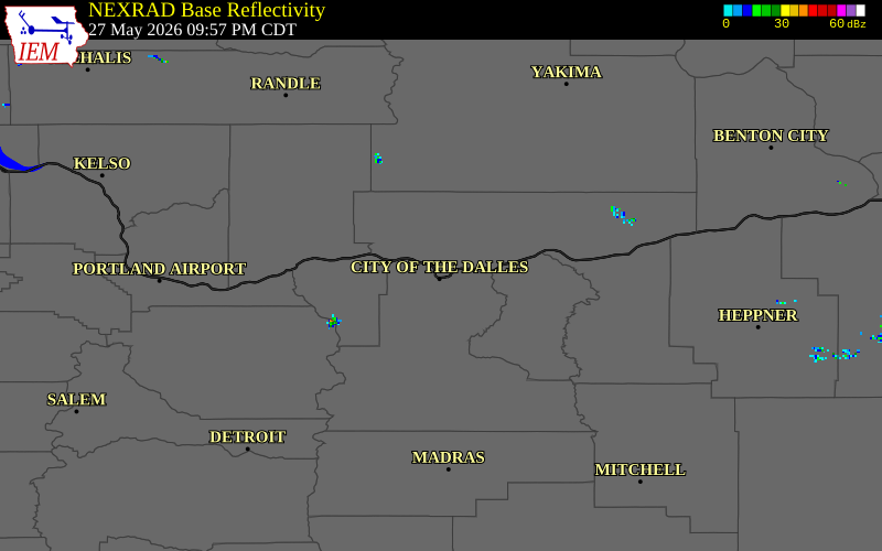 NEXRAD radar during the Wednesday, May 27, 2026 storm activity in Klickitat County, Washington