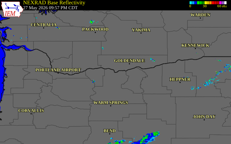 Radar snapshot during the May 27, 2026 wind event near 16 ESE Bingen, Klickitat County, Washington, with NWS warning polygons