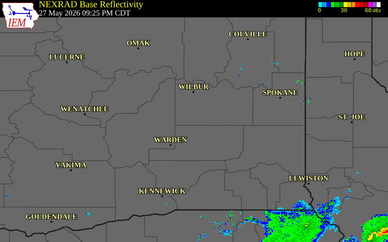Radar snapshot during the May 27, 2026 hail event near 1 SW Odessa, Lincoln County, Washington, with NWS warning polygons