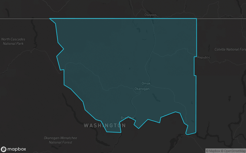 Map of Okanogan County, Washington showing the county boundary and surrounding cities
