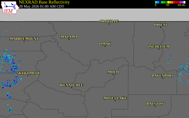 NEXRAD radar during the Wednesday, May 27, 2026 storm activity in Okanogan County, Washington