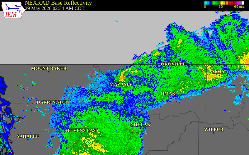 NEXRAD radar during the Friday, May 29, 2026 storm activity in Okanogan County, Washington