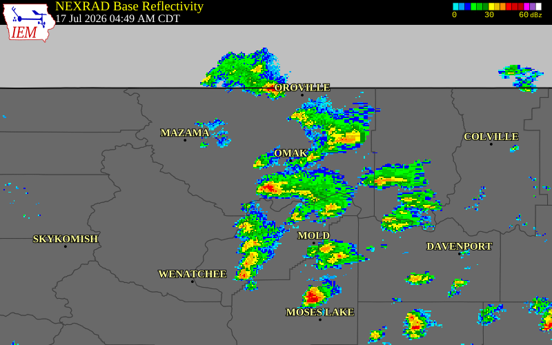 NEXRAD radar during the Friday, July 17, 2026 storm activity in Okanogan County, Washington