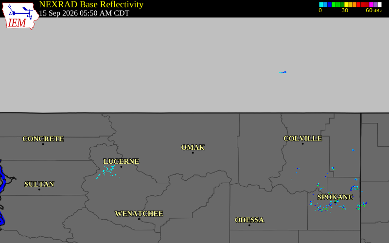 Current NEXRAD radar over Okanogan County, Washington with recent storm report locations