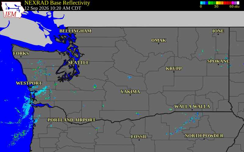 Current NEXRAD radar across Washington with recent storm report locations