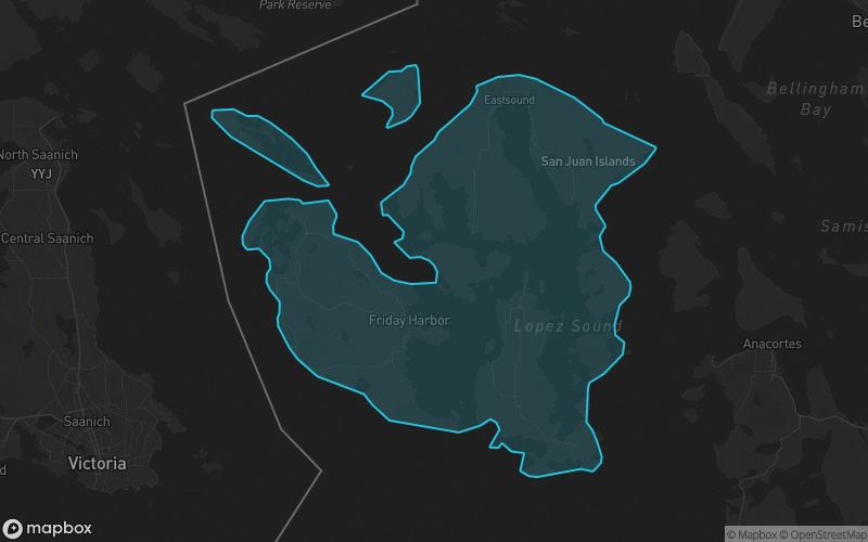 Map of San Juan County, Washington showing the county boundary and surrounding cities