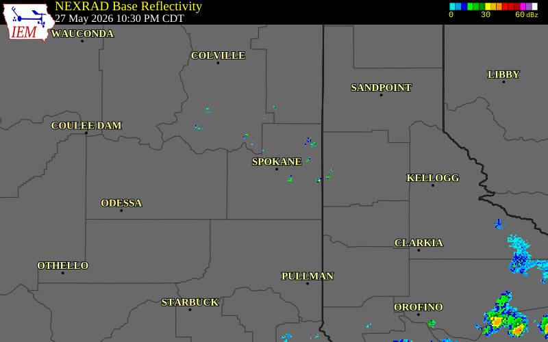 NEXRAD radar during the Wednesday, May 27, 2026 storm activity in Spokane County, Washington