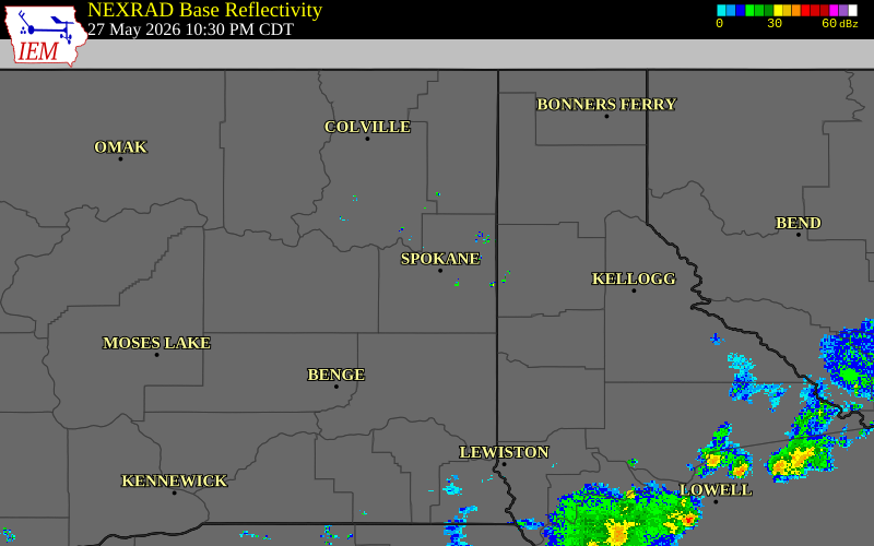 Radar snapshot during the May 27, 2026 wind event near 1 W Spokane, Spokane County, Washington, with NWS warning polygons