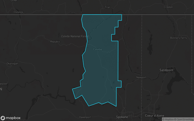Map of Stevens County, Washington showing the county boundary and surrounding cities