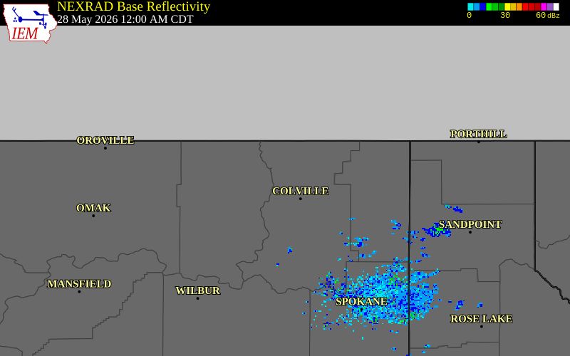 NEXRAD radar during the Wednesday, May 27, 2026 storm activity in Stevens County, Washington