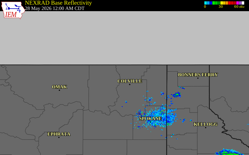 Radar snapshot during the May 27, 2026 wind event near Evans, Stevens County, Washington, with NWS warning polygons