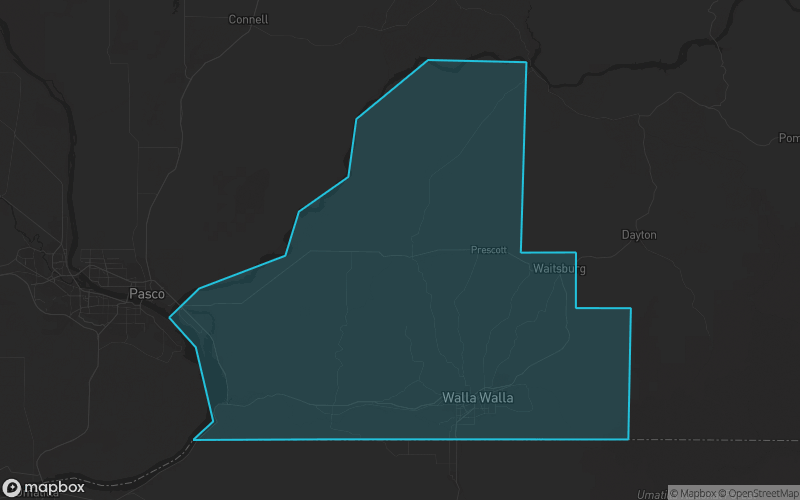 Map of Walla Walla County, Washington showing the county boundary and surrounding cities