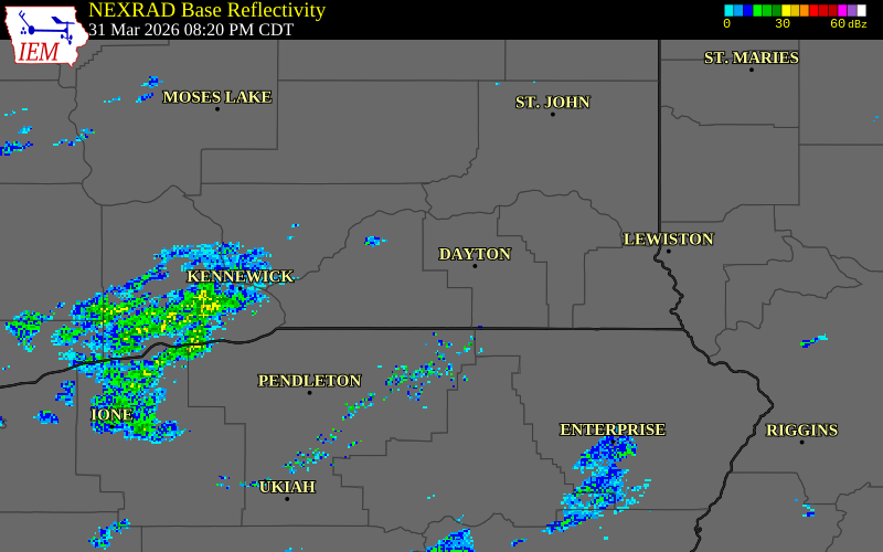 NEXRAD radar during the Tuesday, March 31, 2026 storm activity in Walla Walla County, Washington