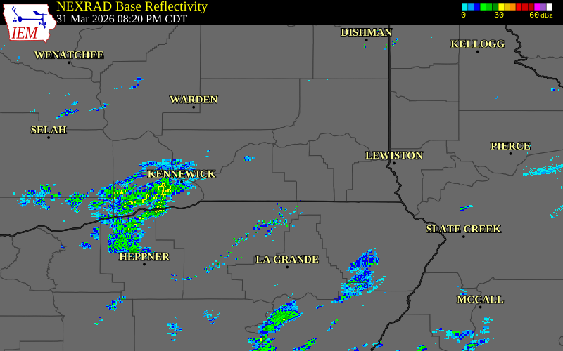 Radar snapshot during the Mar 31, 2026 wind event near Waitsburg, Walla Walla County, Washington, with NWS warning polygons