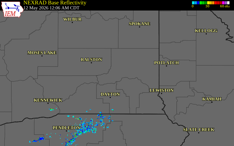 NEXRAD radar during the Monday, May 11, 2026 storm activity in Whitman County, Washington