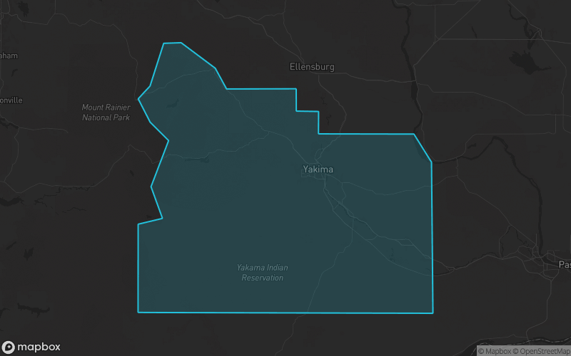 Map of Yakima County, Washington showing the county boundary and surrounding cities